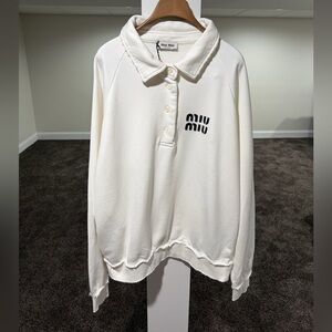 Miu Miu Applique Embroidered Logo White Polo Sweatshirt